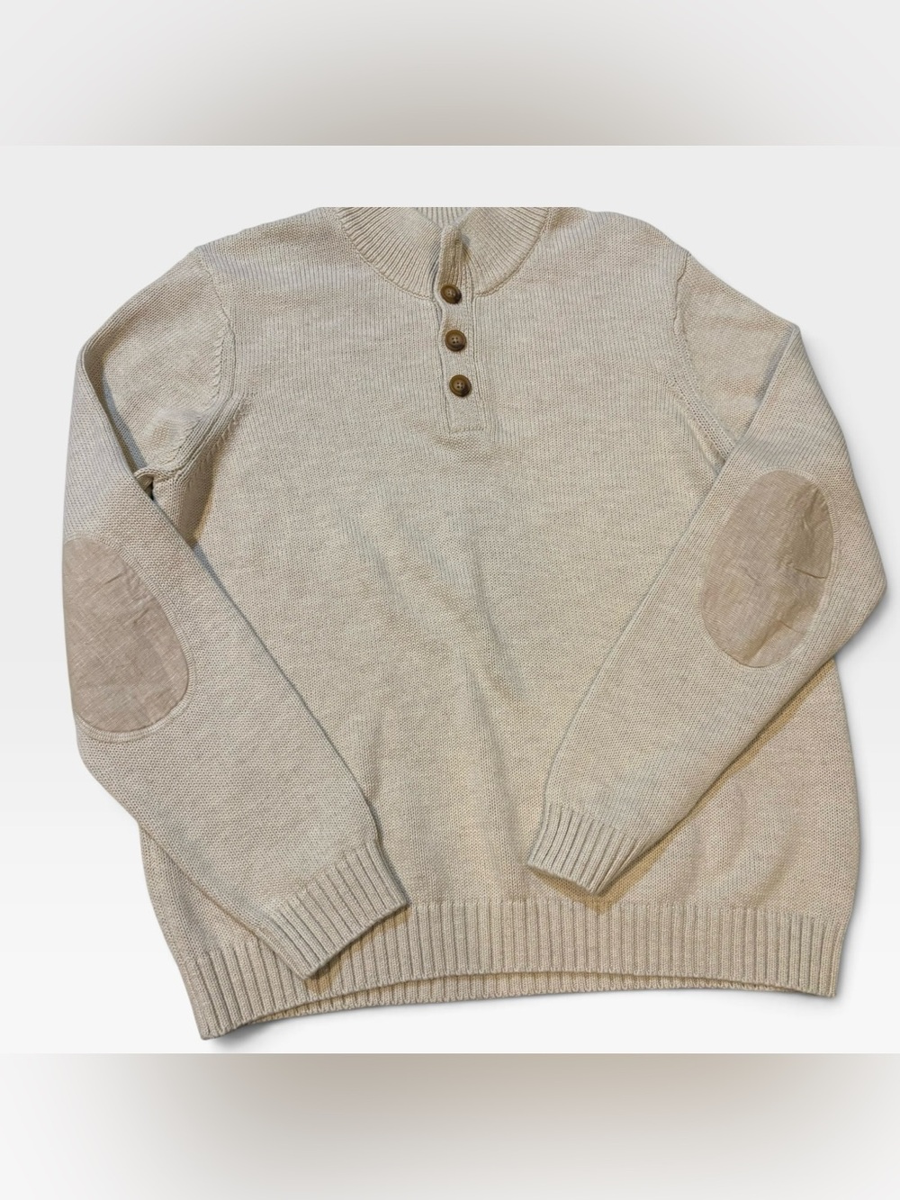 Men's Cream quarter button Sweater with Elbow Patches size L